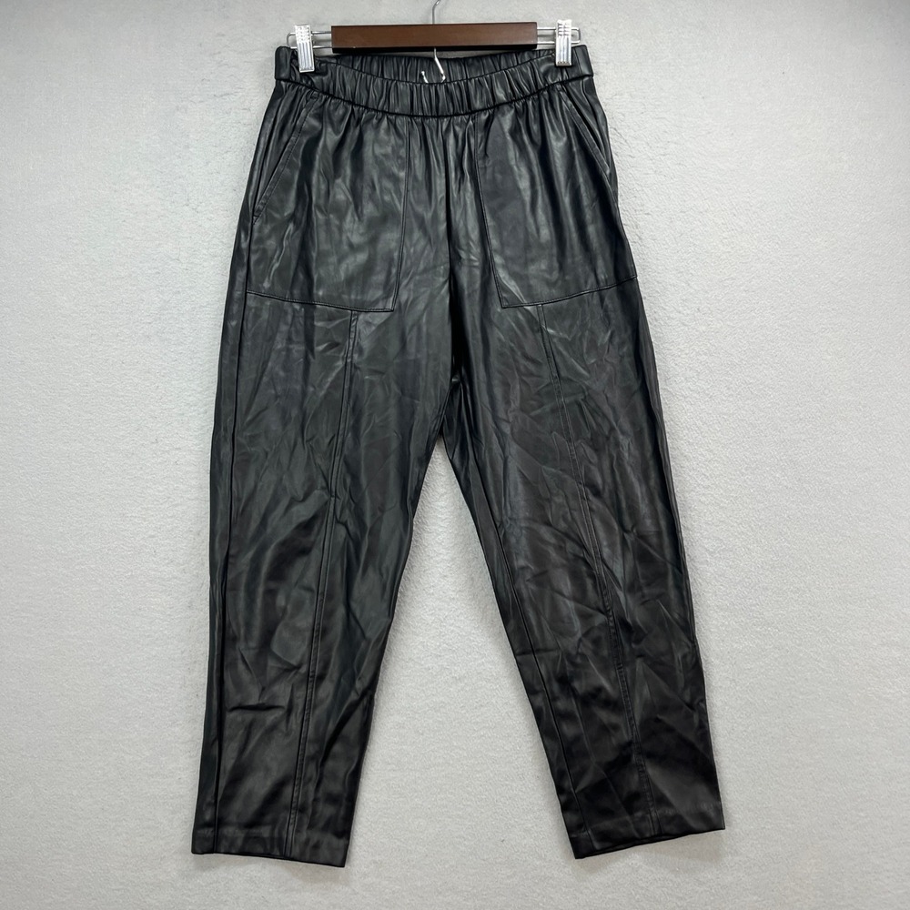 Gap Faux Leather Pants Womens S Petite Black Elastic Waist Seam Detail Pull On